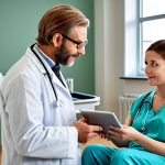 A friendly doctor in a modern Swedish hospital consulting with a patient, using voice recognition software on a tablet to update medical records. Natural lighting, professional atmosphere.