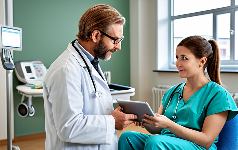 A friendly doctor in a modern Swedish hospital consulting with a patient, using voice recognition software on a tablet to update medical records. Natural lighting, professional atmosphere.