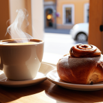 **A cozy "fika" scene in a sunlit Stockholm café. Focus on warm colors, a cinnamon bun ("kanelbulle"), and a steaming cup of coffee. Natural light, shallow depth of field.**