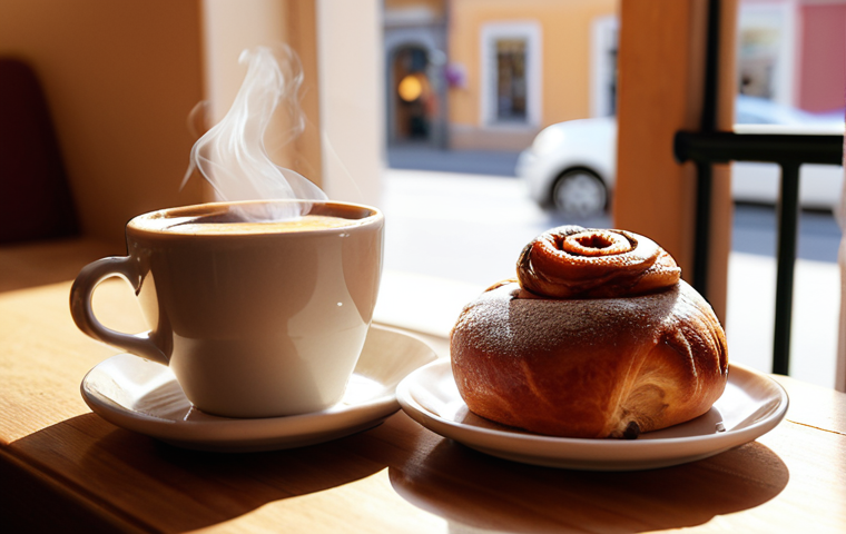 **A cozy "fika" scene in a sunlit Stockholm café. Focus on warm colors, a cinnamon bun ("kanelbulle"), and a steaming cup of coffee. Natural light, shallow depth of field.**