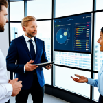 A diverse group of professional adult individuals, male and female, collaborating in a modern, brightly lit global business office. All subjects are fully clothed in modest, professional business attire and appropriate dress. They are gathered around a sleek, interactive screen displaying complex data analysis and real-time language translation interfaces, with subtle elements of Scandinavian design in the background. The atmosphere is collaborative and forward-thinking, demonstrating AI's role in bridging cultural gaps. High-resolution, professional photography, perfect anatomy, correct proportions, natural pose, well-formed hands, proper finger count, natural body proportions, safe for work, appropriate content, fully clothed, professional.
