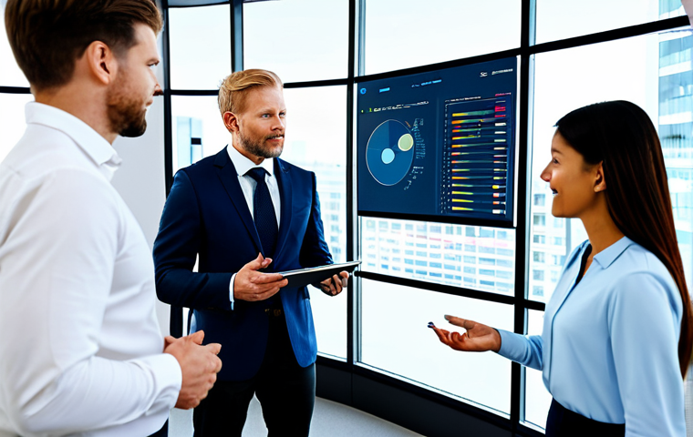 A diverse group of professional adult individuals, male and female, collaborating in a modern, brightly lit global business office. All subjects are fully clothed in modest, professional business attire and appropriate dress. They are gathered around a sleek, interactive screen displaying complex data analysis and real-time language translation interfaces, with subtle elements of Scandinavian design in the background. The atmosphere is collaborative and forward-thinking, demonstrating AI's role in bridging cultural gaps. High-resolution, professional photography, perfect anatomy, correct proportions, natural pose, well-formed hands, proper finger count, natural body proportions, safe for work, appropriate content, fully clothed, professional.