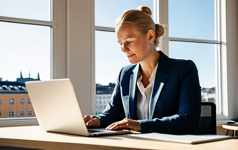 **
"A successful female entrepreneur in her late 30s, wearing a stylish yet modest Scandinavian-designed business suit, working on a laptop in a bright, modern co-working space in Stockholm, Sweden. Sunlight streaming through large windows overlooking the city. Safe for work, appropriate content, fully clothed, professional, perfect anatomy, natural proportions, high quality, realistic photography."
**
