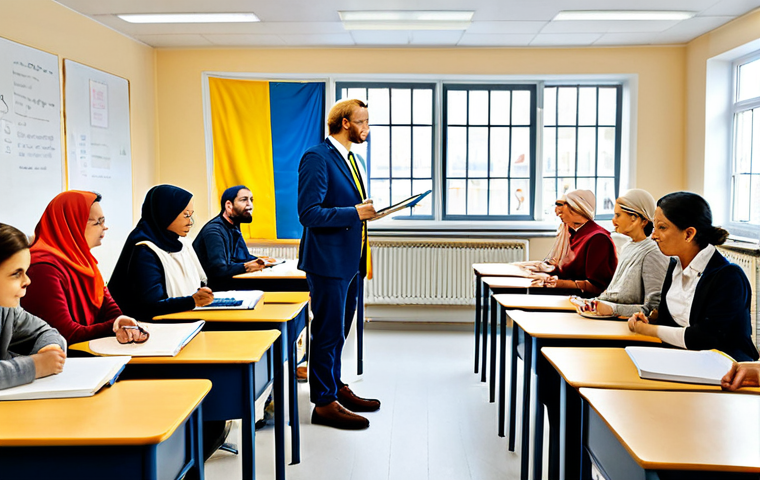 Integrating into Swedish Society**
"A diverse group of people participating in a Swedish language class, fully clothed in modest attire, set in a bright, modern classroom with Swedish flags displayed. Safe for work, appropriate content, perfect anatomy, natural proportions, professional, family-friendly, showing integration and community."
**