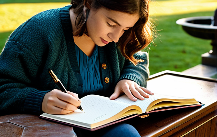 한글 필기체 종류 - **Image:** A woman meticulously writing in a diary with a fountain pen.
**Prompt:** "A woman in ...