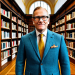 한글 출판의 역사 - A professional Swedish librarian in a modest, classic tweed suit, standing in a bright, modern libra...