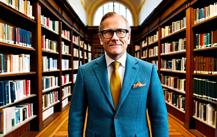 한글 출판의 역사 - A professional Swedish librarian in a modest, classic tweed suit, standing in a bright, modern libra...
