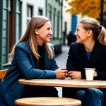 한글과 통사론 연구 - Café Conversation**

"Two friends, fully clothed in stylish, modest autumn attire appropriate for Go...