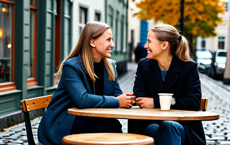 한글과 통사론 연구 - Café Conversation**
"Two friends, fully clothed in stylish, modest autumn attire appropriate for Go...