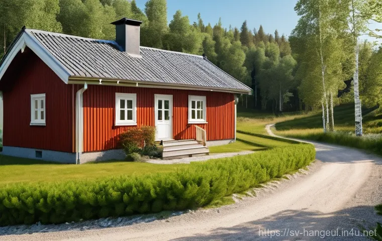 한글의 난이도 분석 - **Prompt:** A brightly lit, contemporary Swedish house, nestled in a green suburban landscape under ...