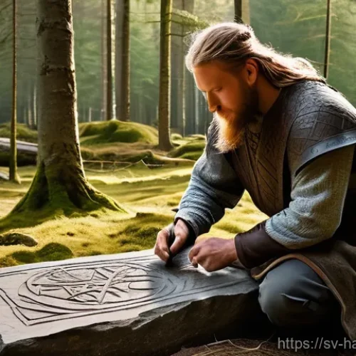 한글과 국보급 서적 - **Prompt: A Viking Age Runestone Carving Session**
    A clear, sunny day in a historical Swedish la...