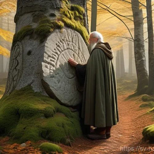 한글 맞춤법 변화 과정 - An elderly, wise-looking Swedish person, wearing a modest, historically accurate tunic and trousers,...