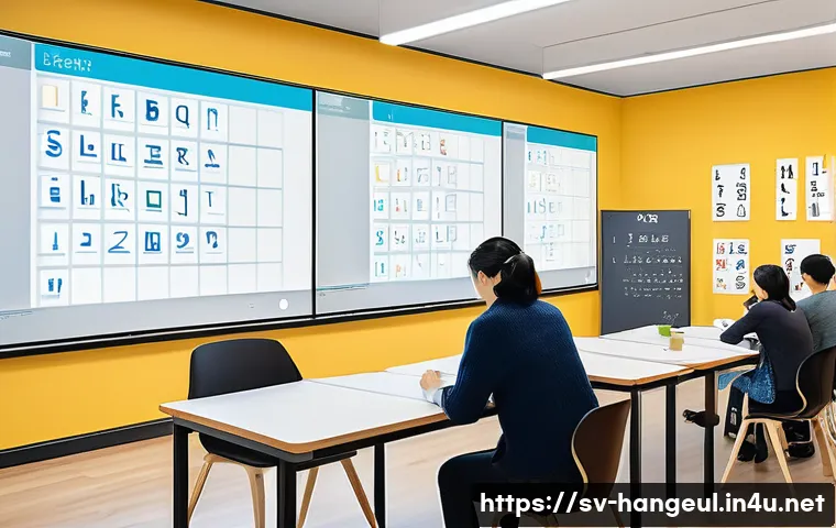한글과 세계 언어 비교 - A vibrant classroom scene in Sweden where a diverse group of adult learners attentively study the Ko...