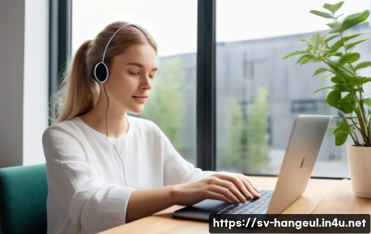 한글 입력 방식의 변화 - A modern Scandinavian workspace scene featuring a young adult woman using voice dictation on her sle...