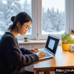한글을 쉽게 배우는 비법 - A cozy modern study room in a Swedish home, with a young adult sitting at a wooden desk practicing K...