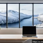 한글과 디지털 문서 표준 - A modern Scandinavian office workspace featuring a sleek laptop displaying a digital document with H...