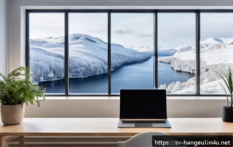 한글과 디지털 문서 표준 - A modern Scandinavian office workspace featuring a sleek laptop displaying a digital document with H...
