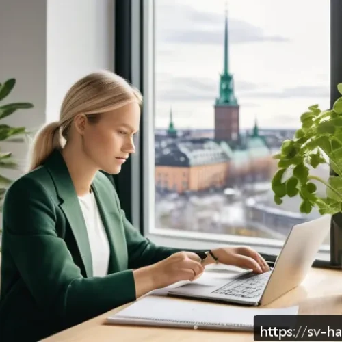 한글과 광고 카피 작성 - A modern Swedish office scene showing a young professional woman writing marketing copy on a sleek l...