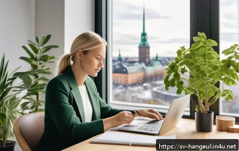 한글과 광고 카피 작성 - A modern Swedish office scene showing a young professional woman writing marketing copy on a sleek l...