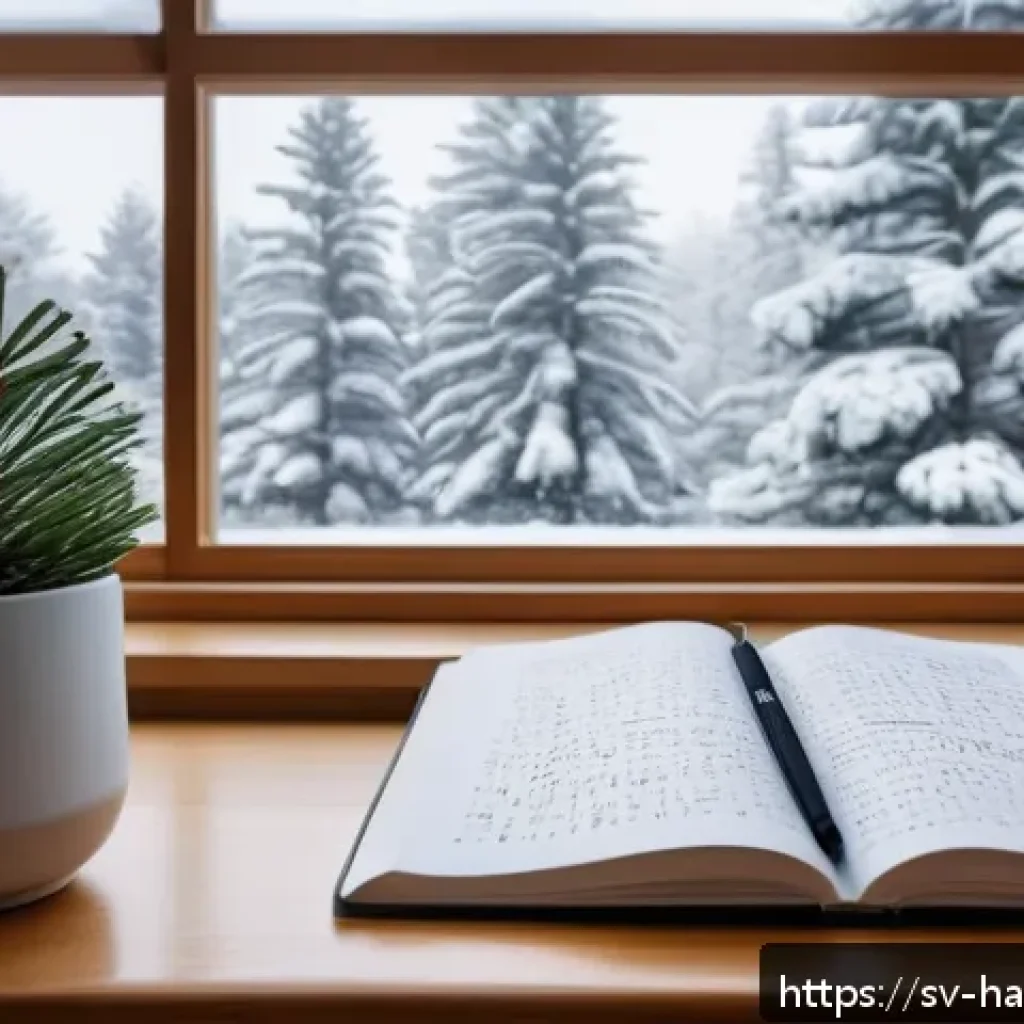 한글 글쓰기 연습법 - A cozy Scandinavian-style study room with a wooden desk near a large window showing snowy pine trees...