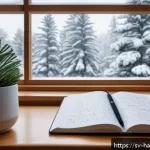 한글 글쓰기 연습법 - A cozy Scandinavian-style study room with a wooden desk near a large window showing snowy pine trees...