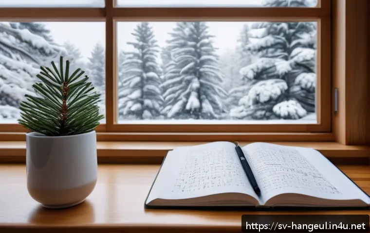 한글 글쓰기 연습법 - A cozy Scandinavian-style study room with a wooden desk near a large window showing snowy pine trees...