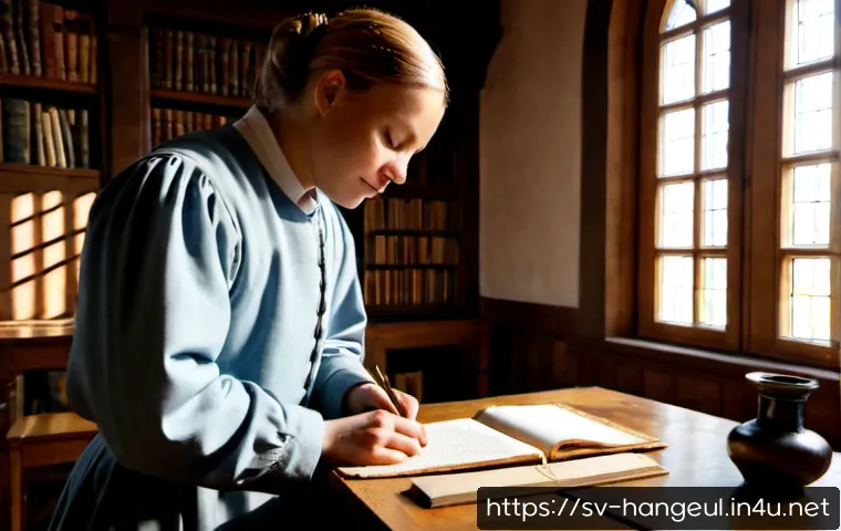 Home 17 한글날 제정 배경 - Photorealistic historical scene in a 16th-century Swedish monastery library, a Scandinavian scholar ...