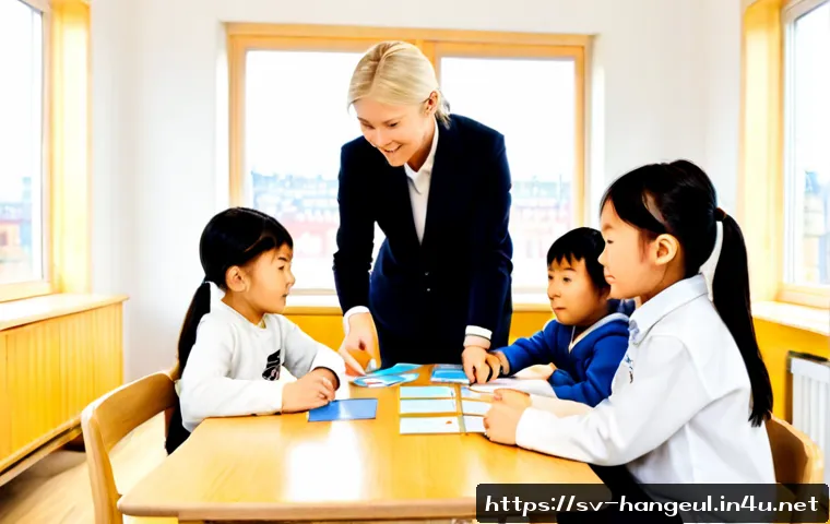 한글과 해외 한국어 교육 - Photorealistic bright Swedish adult education classroom in Stockholm, a Korean language teacher guid...