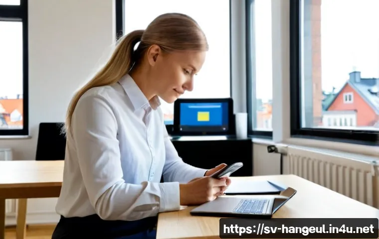 한글과 SNS 콘텐츠 전략 - Photorealistic Swedish social media content strategist working at a bright minimalist home office in...