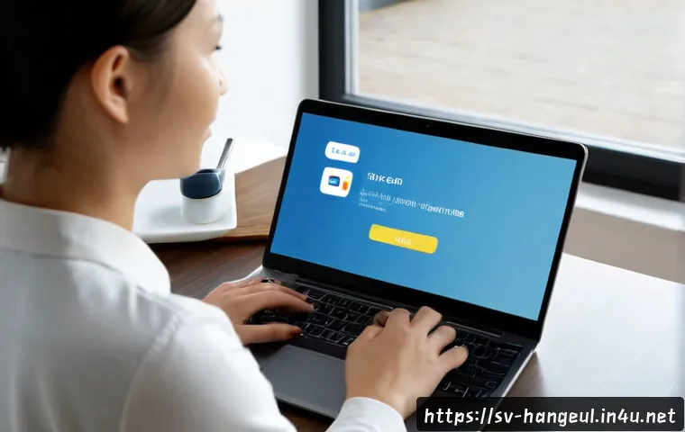 한글 인공지능 번역 - Photorealistic Swedish home office scene, a middle-aged woman using an AI translation app on a lapto...