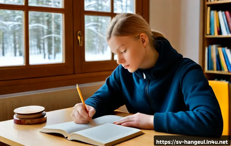 Home 30 한글 문학 작품 분석 - Photorealistic Swedish literature student at a clean wooden desk in a quiet Nordic library, closely ...
